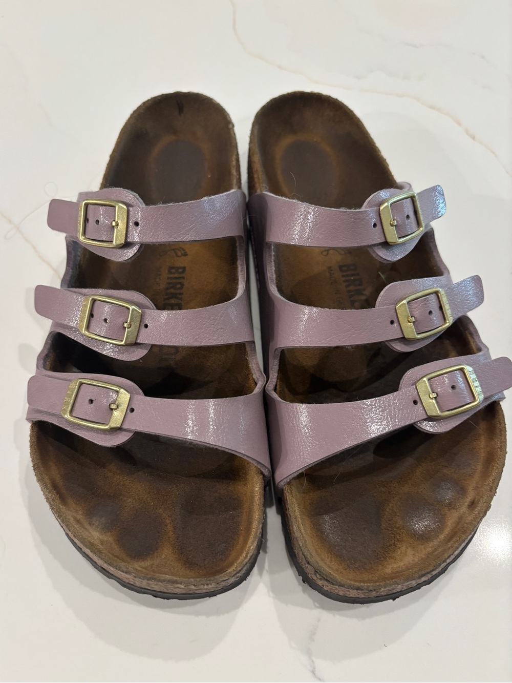Birkenstock Lilac Three-Strap Sandals with Gold Buckles